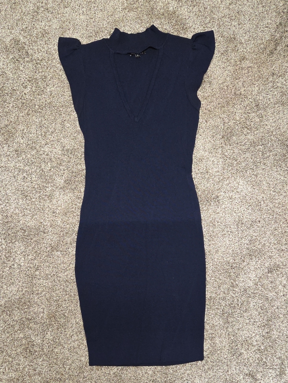 WOW couture Navy Deep V Midi Bodycon Dress with Cap Ruffle Sleeves